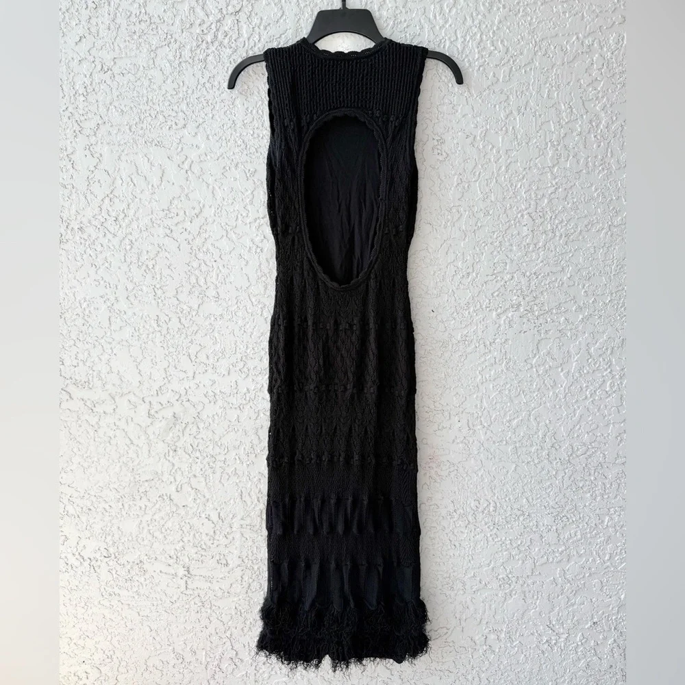 Torn By Ronny Kobo Ryan Black Crochet Knit Fringe Midi Dress Small